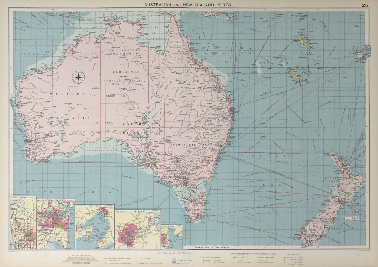Australian & New Zealand ports chart lighthouses mail route LARGE 1927 old map